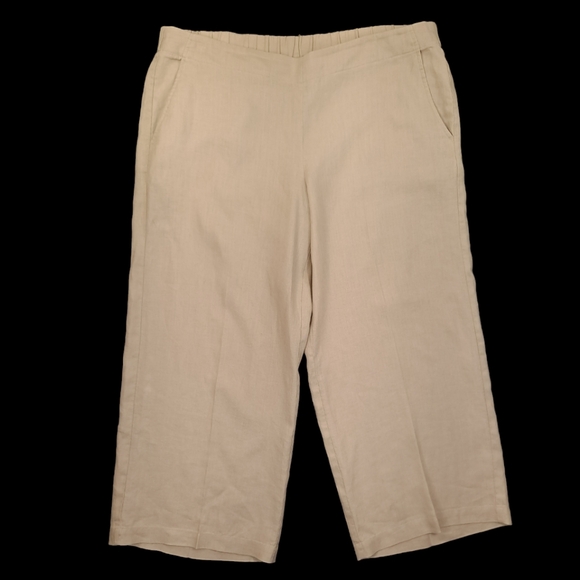 EILEEN FISHER Wide Leg Capri Pants Beige Organic Linen Elastic Waist - Sz Medium - Picture 7 of 7